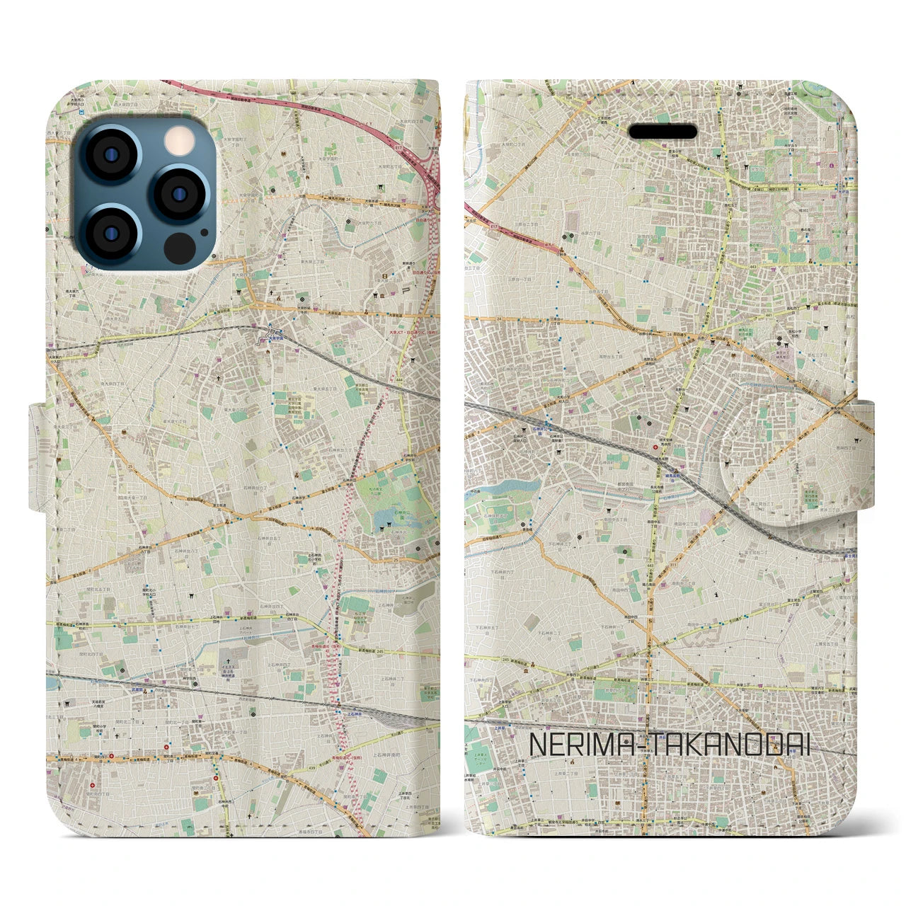 【練馬高野台（東京都）】地図柄iPhoneケース（手帳タイプ）ナチュラル・iPhone 12 / 12 Pro 用