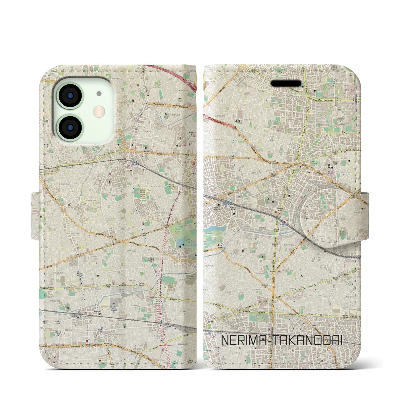 【練馬高野台（東京都）】地図柄iPhoneケース（手帳タイプ）ナチュラル・iPhone 12 mini 用