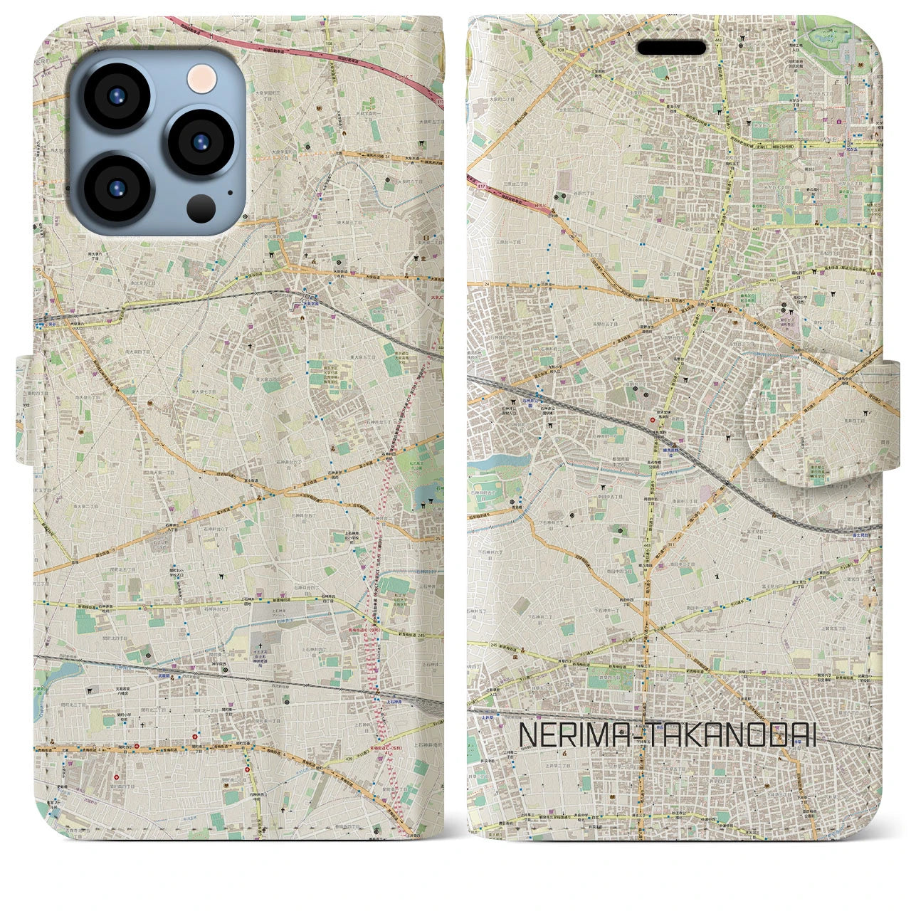 【練馬高野台（東京都）】地図柄iPhoneケース（手帳タイプ）ナチュラル・iPhone 13 Pro Max 用
