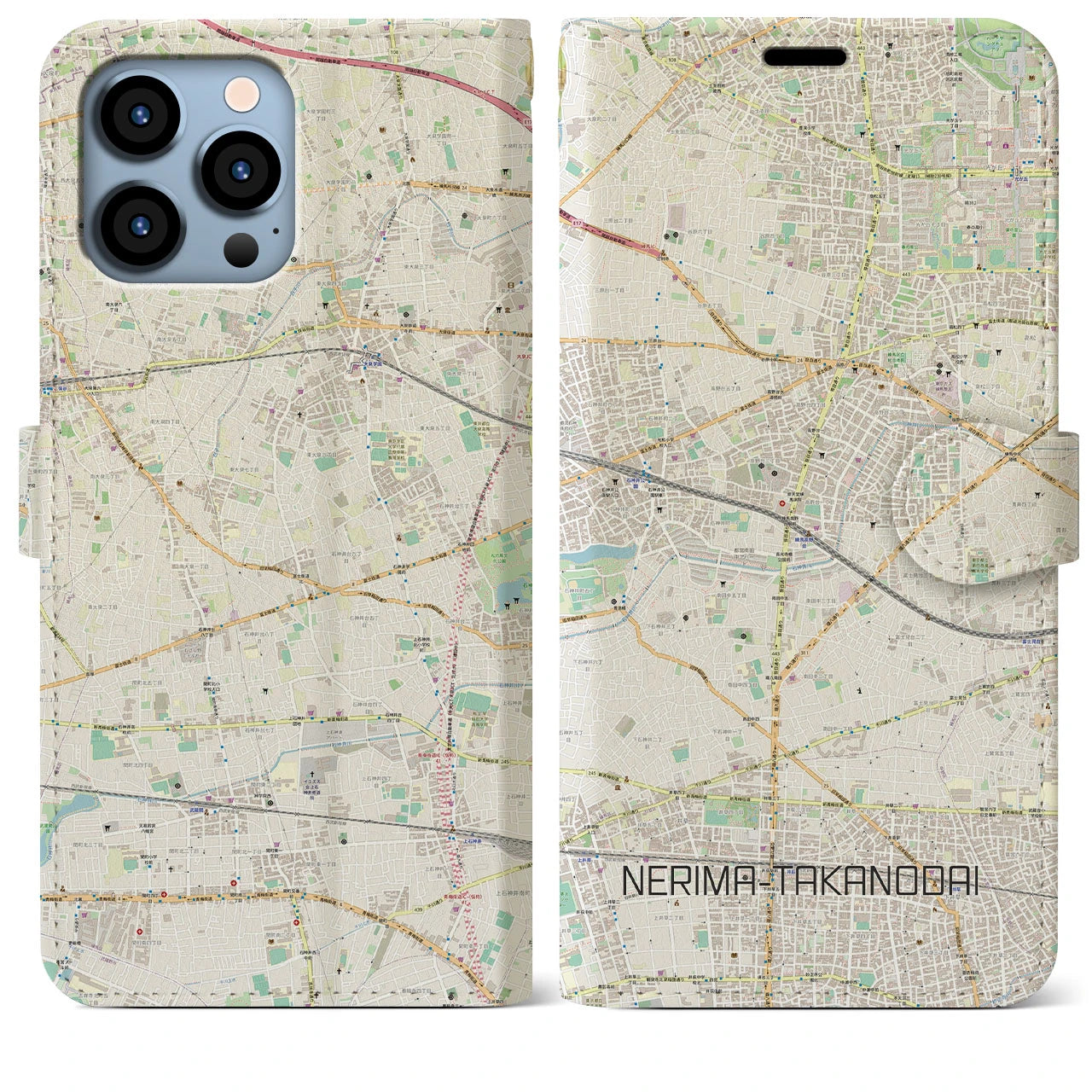 【練馬高野台】地図柄iPhoneケース（手帳両面タイプ・ナチュラル）iPhone 13 Pro Max 用