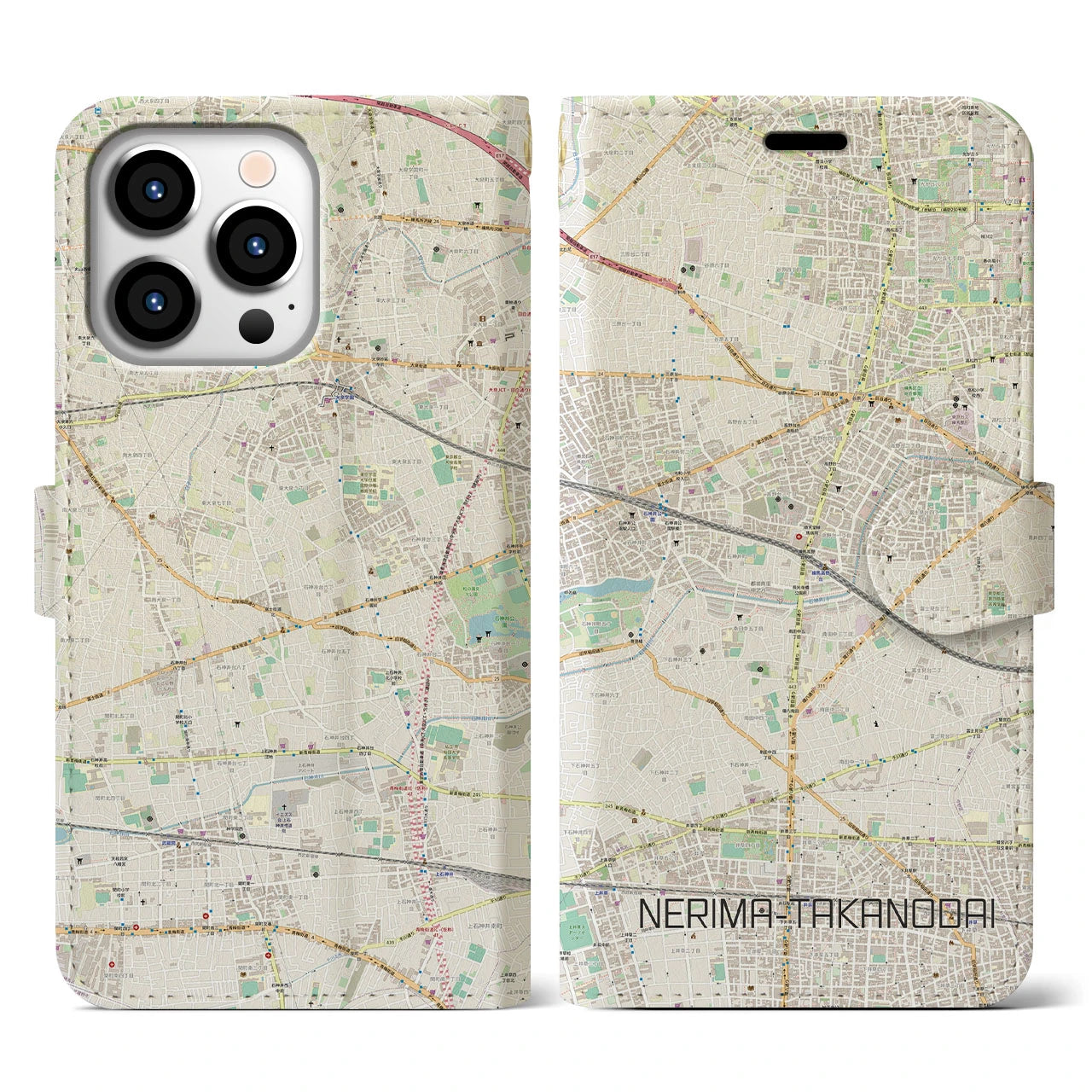 【練馬高野台（東京都）】地図柄iPhoneケース（手帳タイプ）ナチュラル・iPhone 13 Pro 用