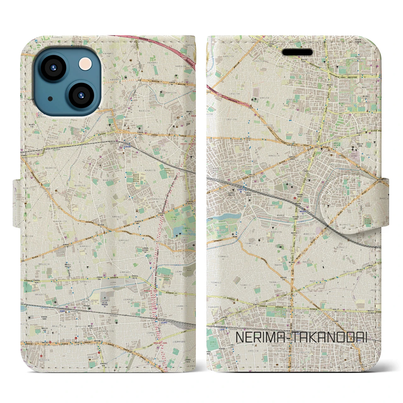 【練馬高野台（東京都）】地図柄iPhoneケース（手帳タイプ）ナチュラル・iPhone 13 用