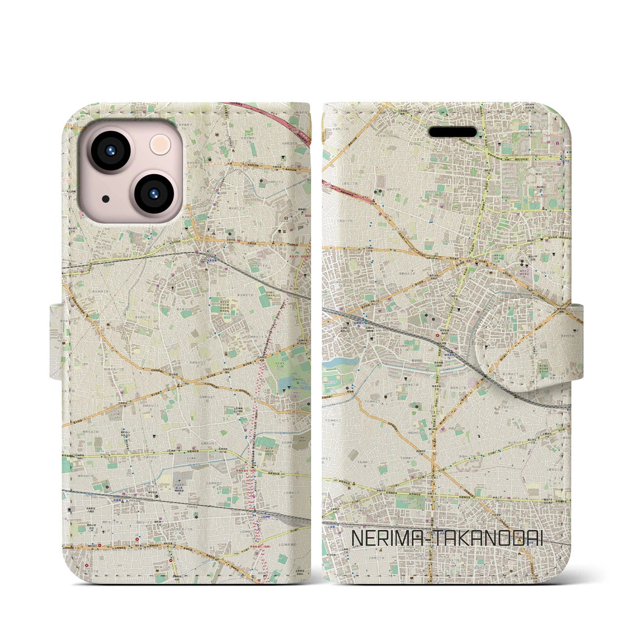 【練馬高野台】地図柄iPhoneケース（手帳両面タイプ・ナチュラル）iPhone 13 mini 用