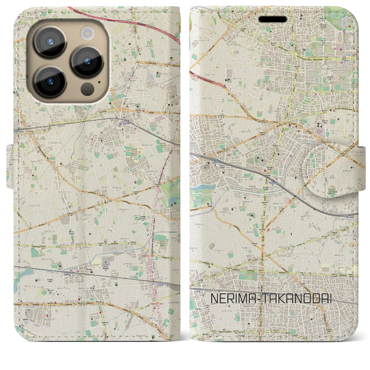 【練馬高野台】地図柄iPhoneケース（手帳両面タイプ・ナチュラル）iPhone 14 Pro Max 用