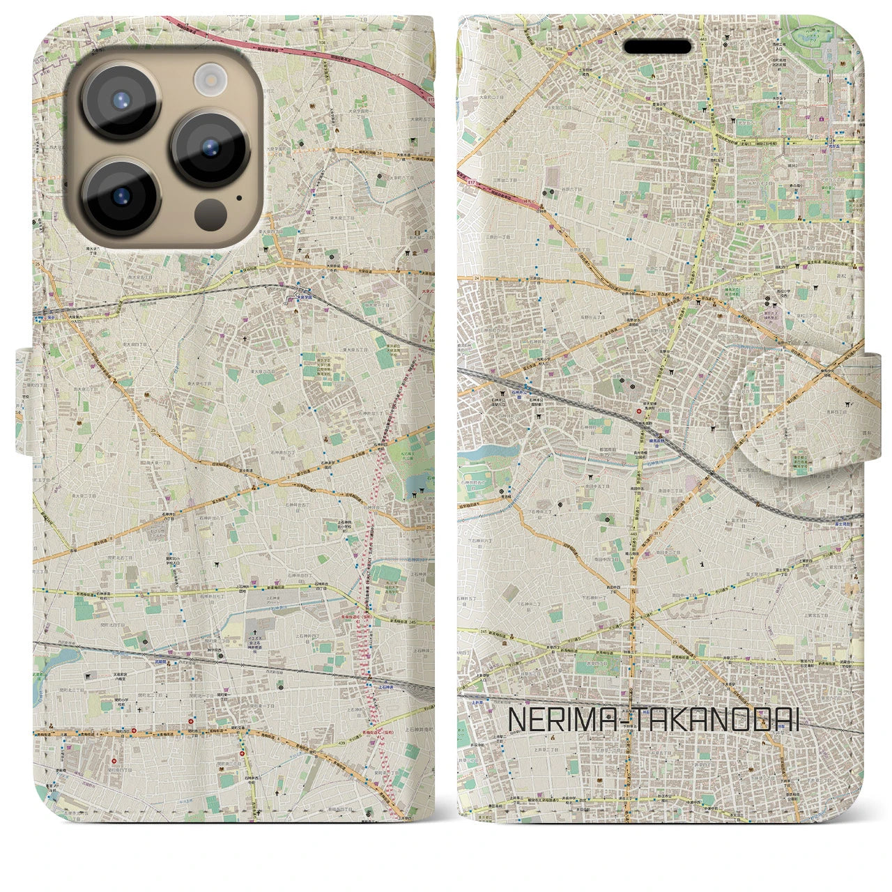【練馬高野台（東京都）】地図柄iPhoneケース（手帳タイプ）ナチュラル・iPhone 14 Pro Max 用