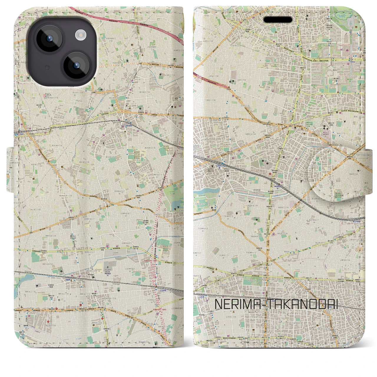 【練馬高野台（東京都）】地図柄iPhoneケース（手帳タイプ）ナチュラル・iPhone 14 Plus 用
