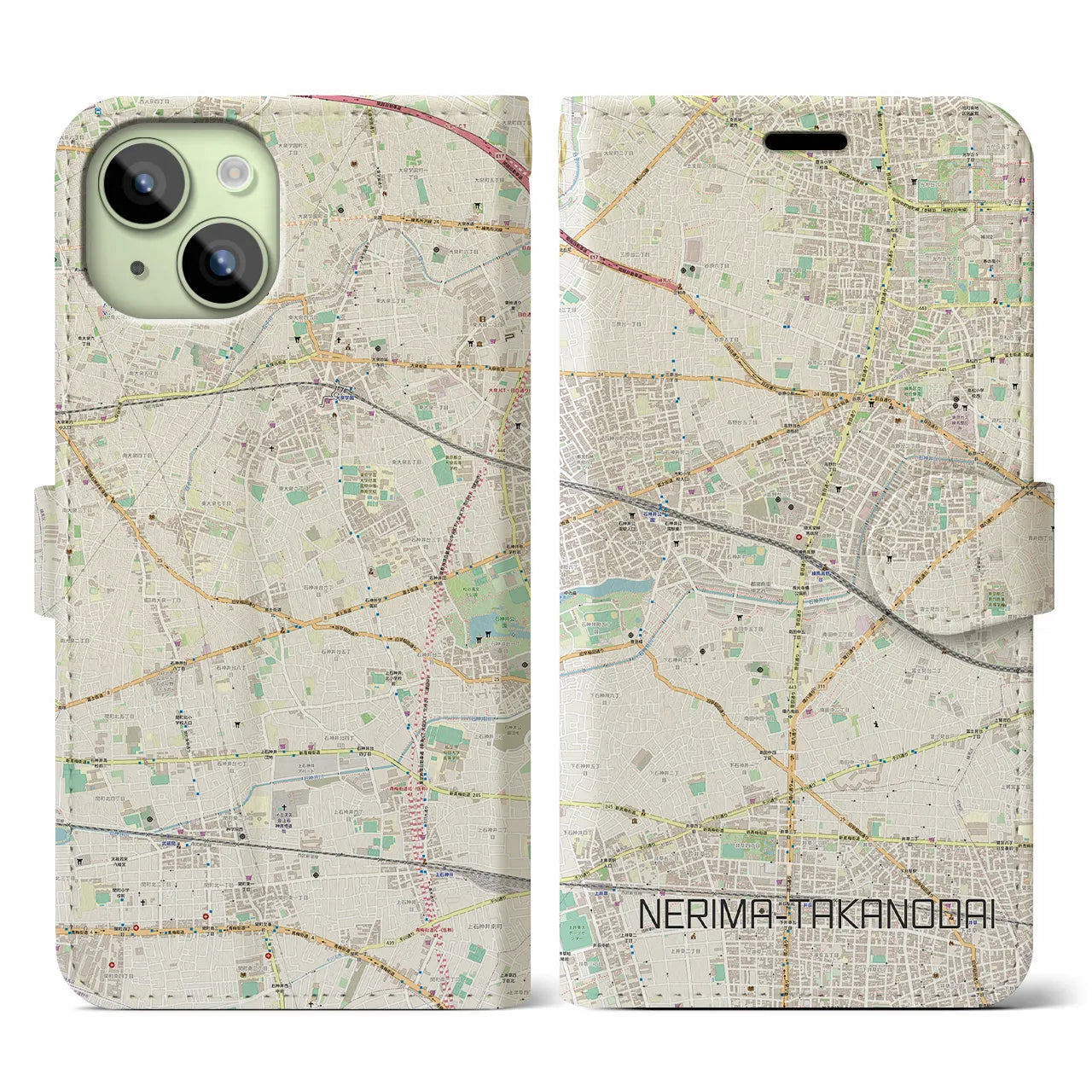 【練馬高野台】地図柄iPhoneケース（手帳両面タイプ・ナチュラル）iPhone 15 用