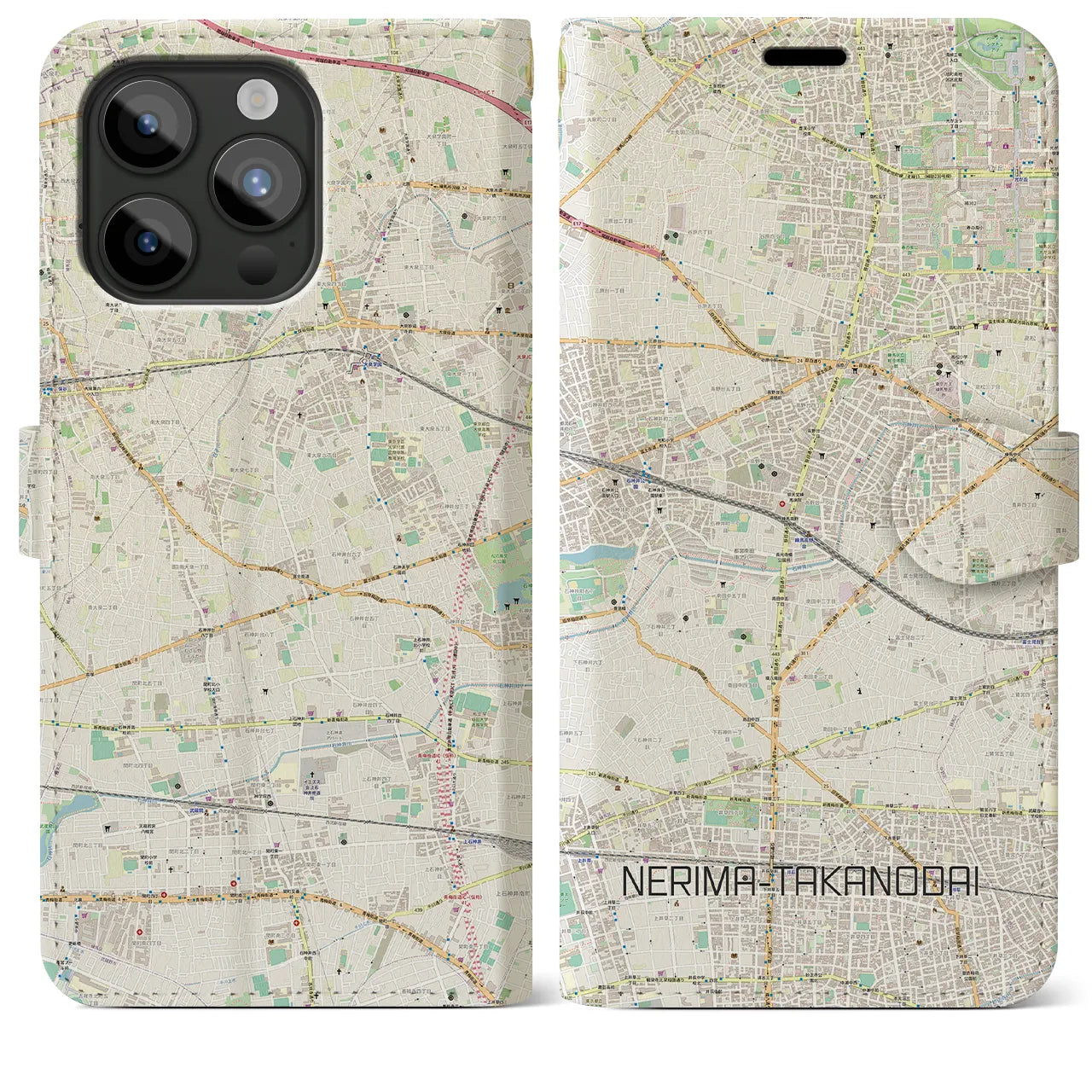【練馬高野台（東京都）】地図柄iPhoneケース（手帳タイプ）ナチュラル・iPhone 15 Pro Max 用