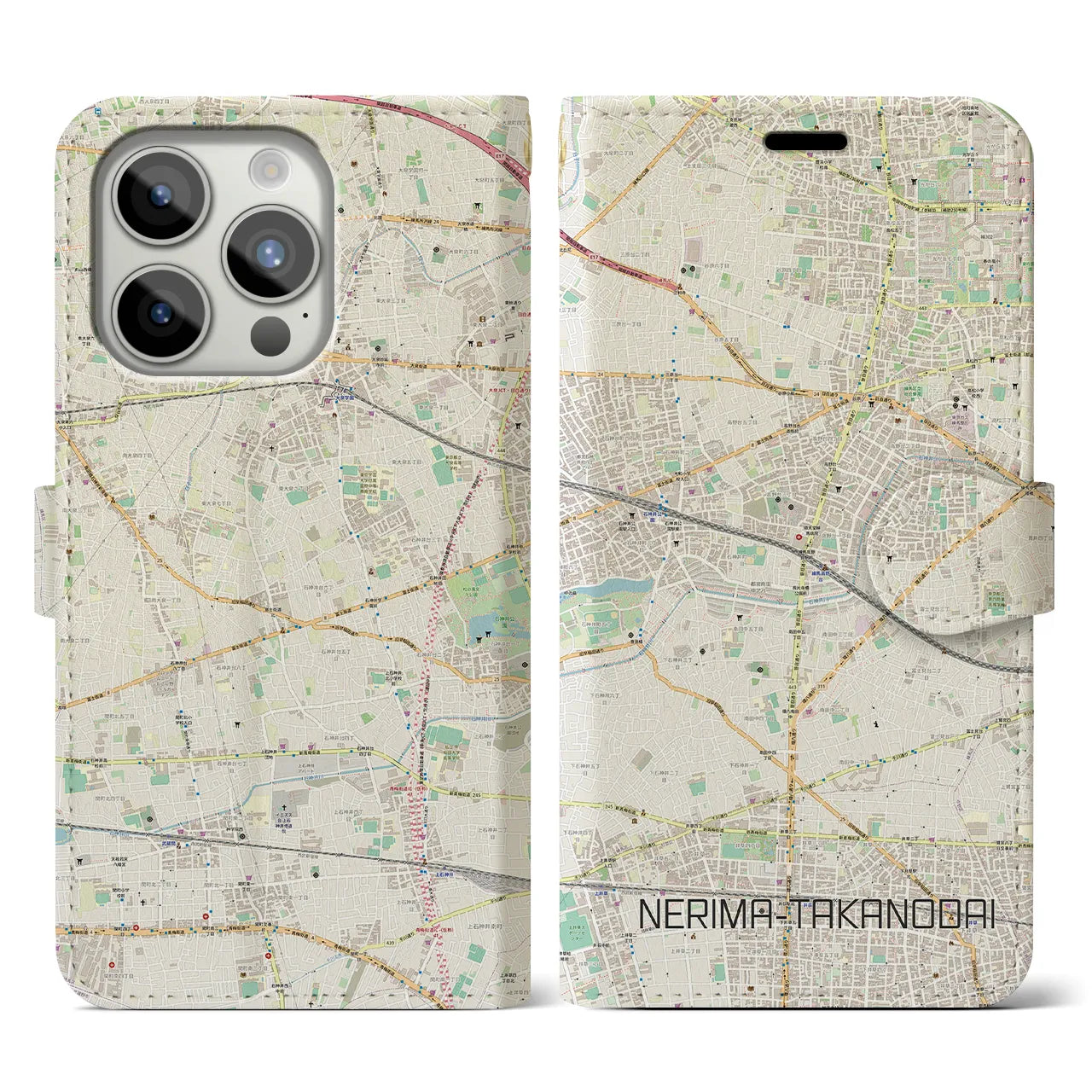【練馬高野台】地図柄iPhoneケース（手帳両面タイプ・ナチュラル）iPhone 15 Pro 用