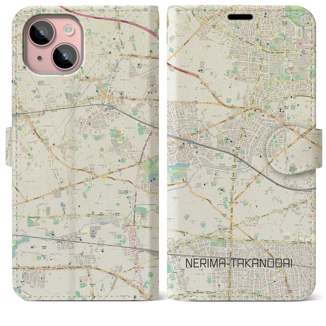 【練馬高野台（東京都）】地図柄iPhoneケース（手帳タイプ）ナチュラル・iPhone 15 Plus 用