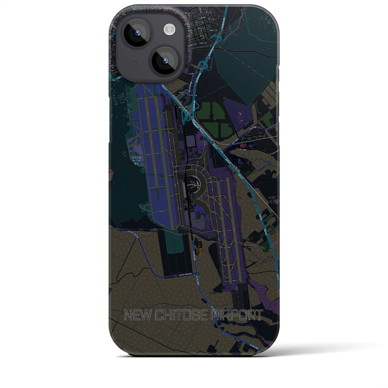 【新千歳空港】地図柄iPhoneケース（バックカバータイプ・ブラック）iPhone 14 Plus 用