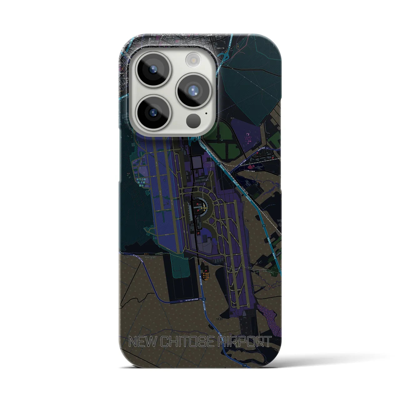 【新千歳空港】地図柄iPhoneケース（バックカバータイプ・ブラック）iPhone 15 Pro 用