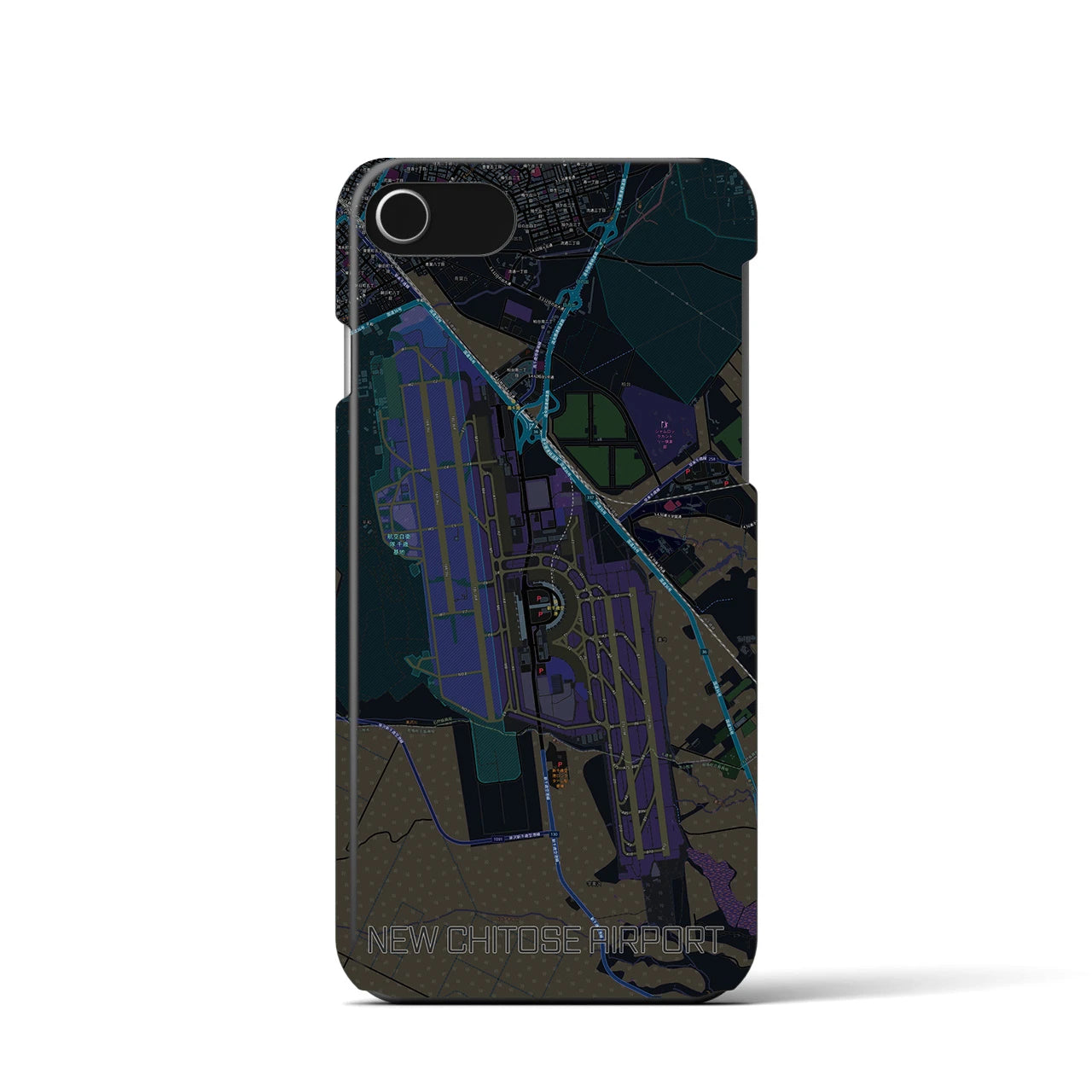【新千歳空港】地図柄iPhoneケース（バックカバータイプ・ブラック）iPhone SE（第3 / 第2世代） / 8 / 7 / 6s / 6 用