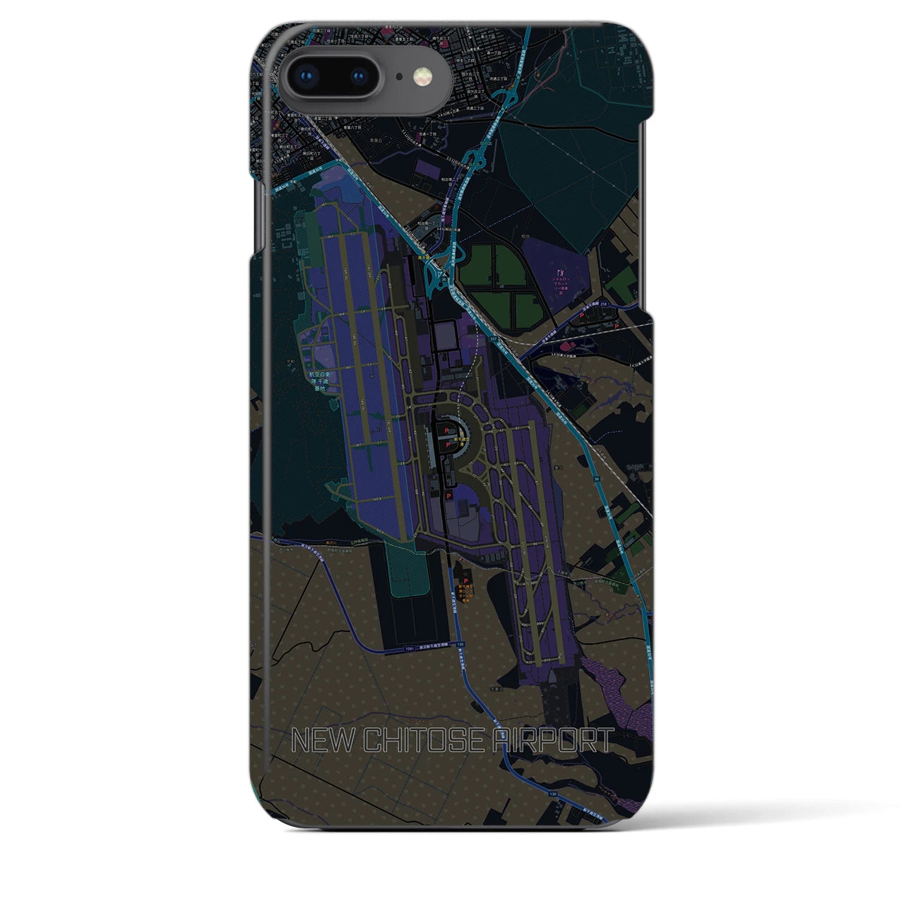 【新千歳空港】地図柄iPhoneケース（バックカバータイプ・ブラック）iPhone 8Plus /7Plus / 6sPlus / 6Plus 用