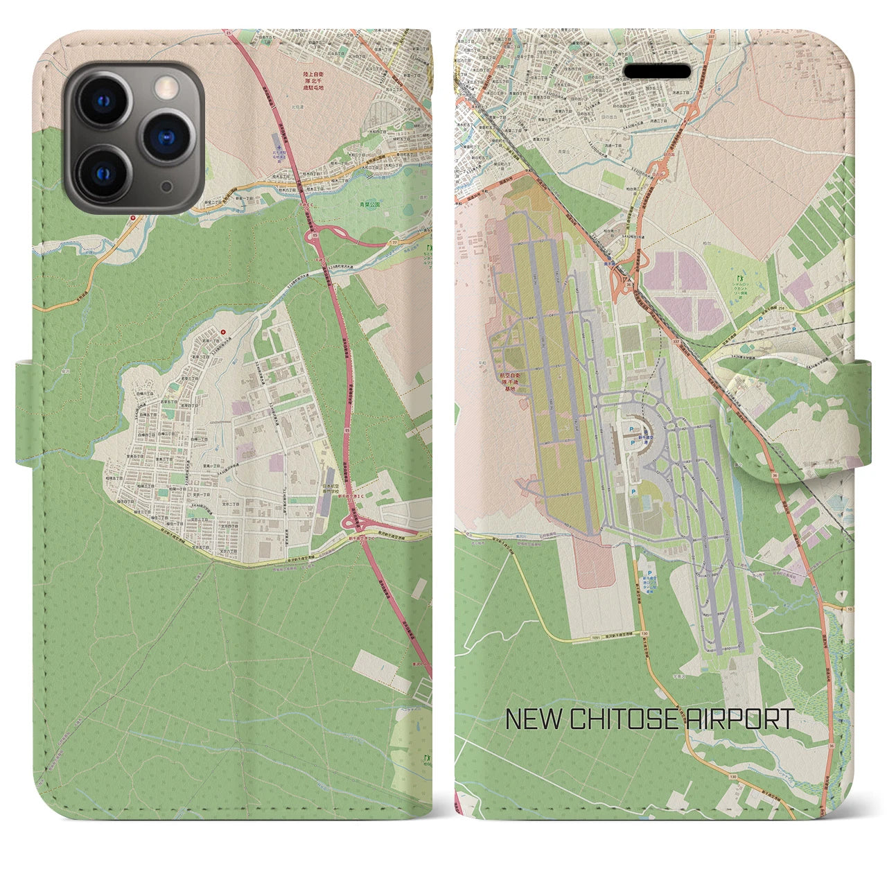 【新千歳空港】地図柄iPhoneケース（手帳両面タイプ・ナチュラル）iPhone 11 Pro Max 用