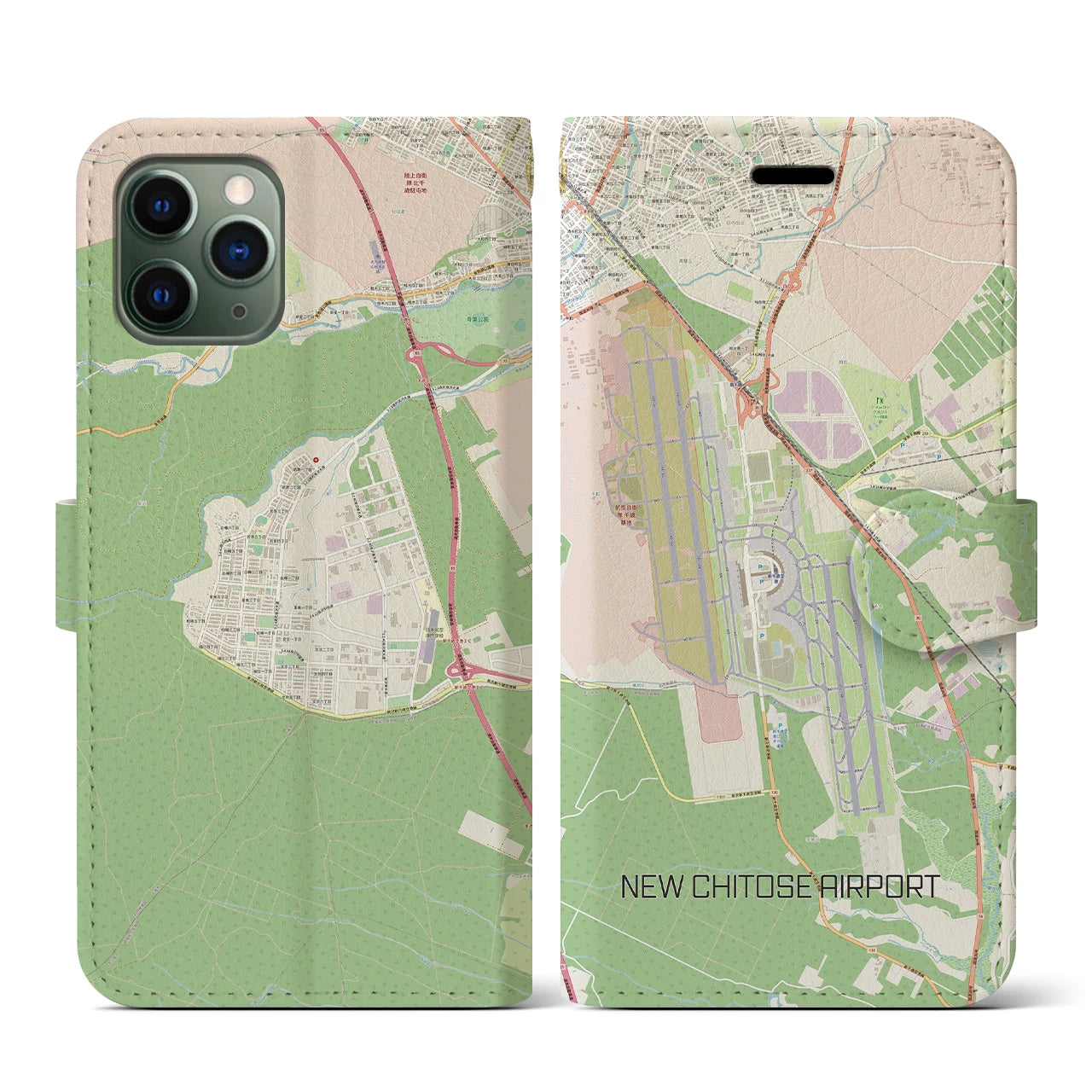 【新千歳空港】地図柄iPhoneケース（手帳両面タイプ・ナチュラル）iPhone 11 Pro 用