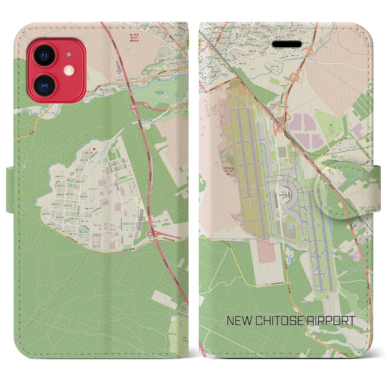 【新千歳空港】地図柄iPhoneケース（手帳両面タイプ・ナチュラル）iPhone 11 用