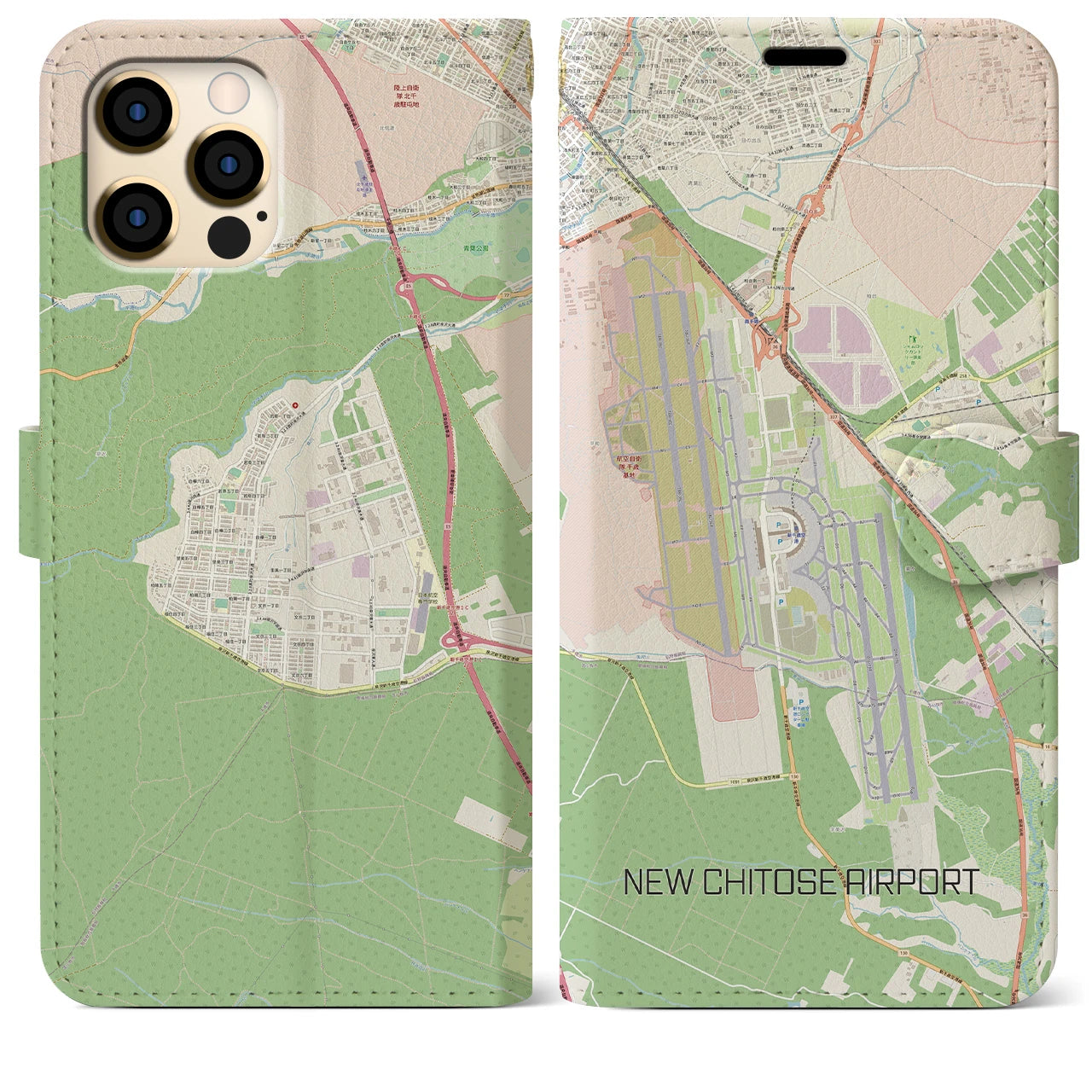 【新千歳空港】地図柄iPhoneケース（手帳両面タイプ・ナチュラル）iPhone 12 Pro Max 用