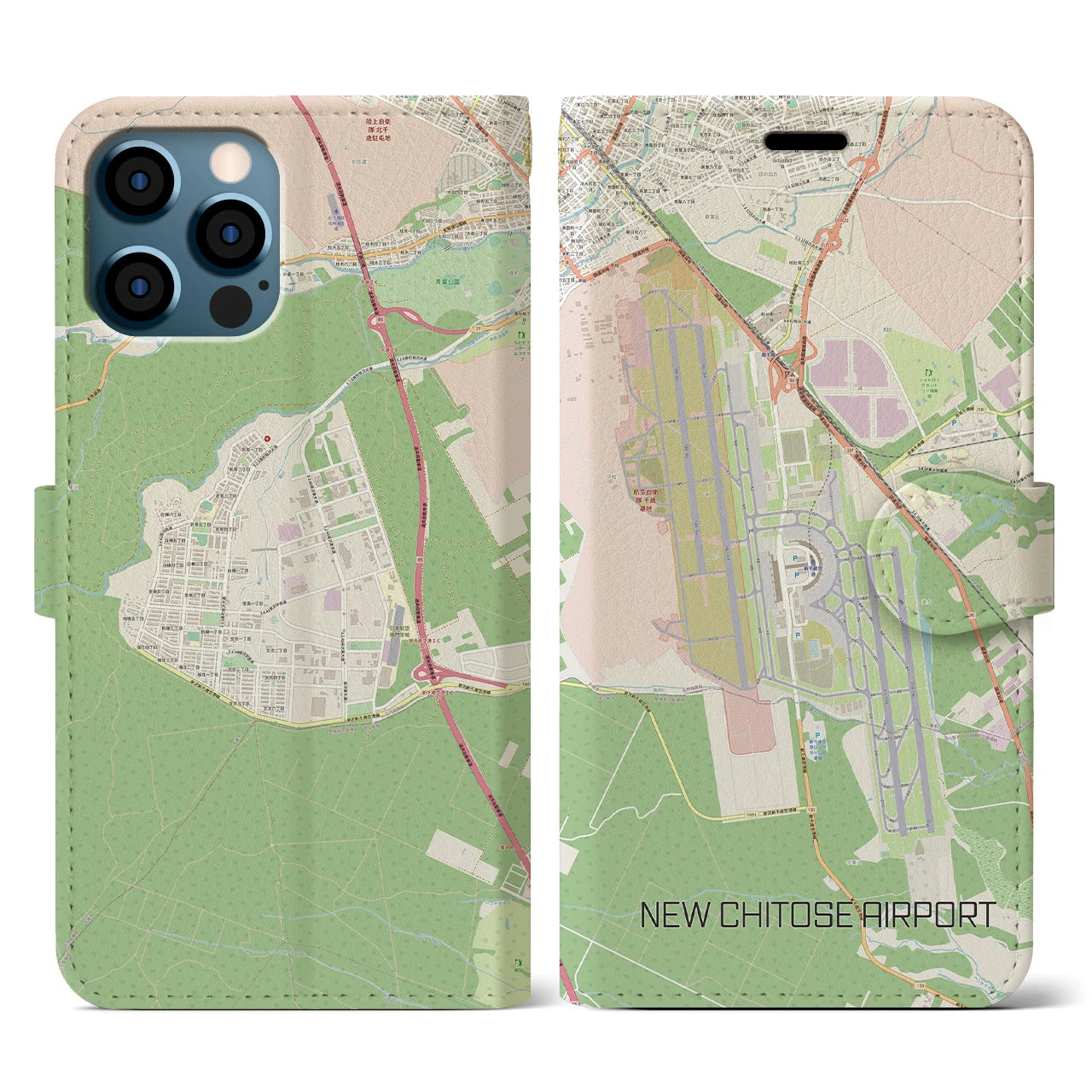 【新千歳空港】地図柄iPhoneケース（手帳両面タイプ・ナチュラル）iPhone 12 / 12 Pro 用