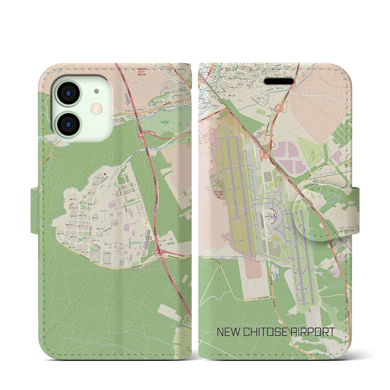 【新千歳空港】地図柄iPhoneケース（手帳両面タイプ・ナチュラル）iPhone 12 mini 用