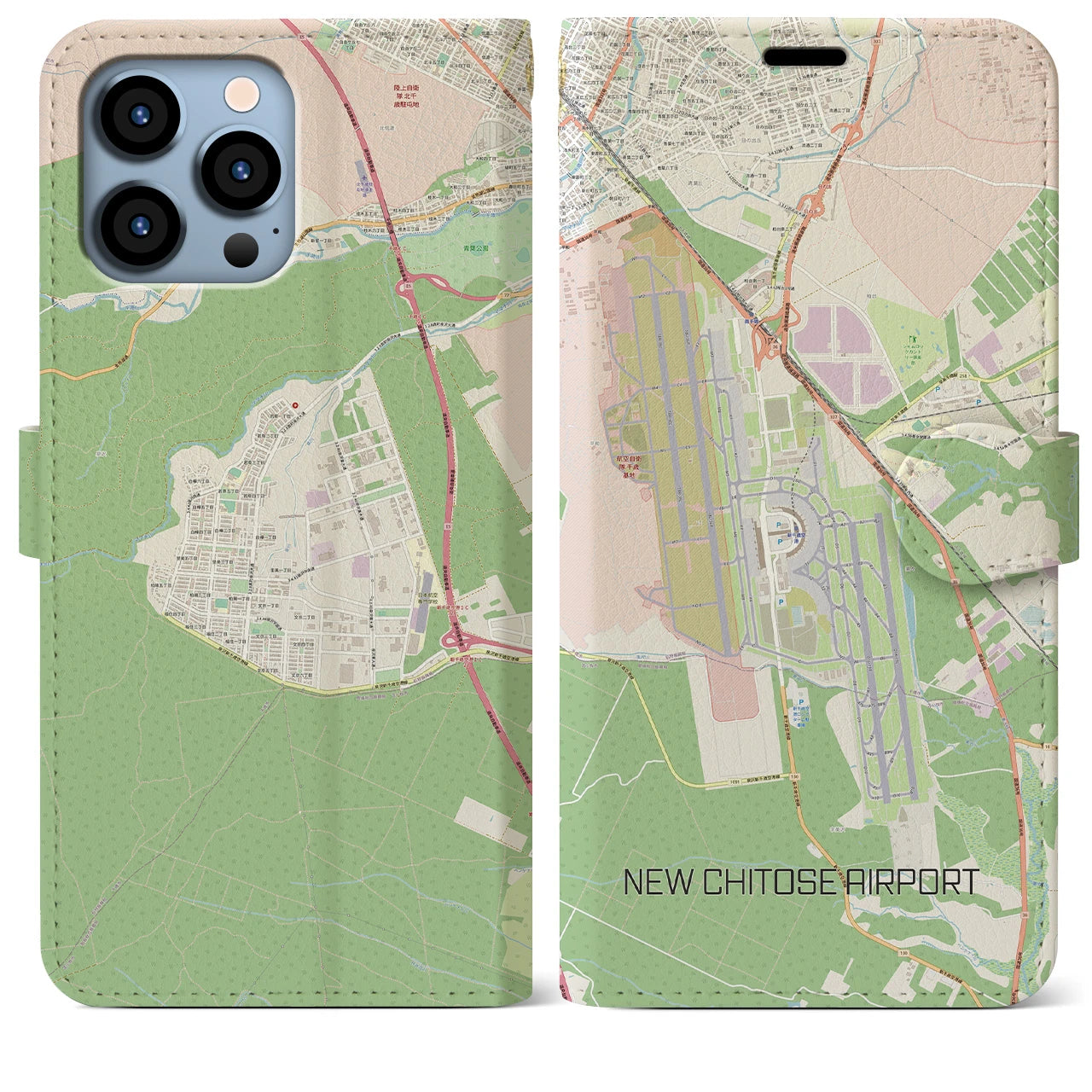 【新千歳空港】地図柄iPhoneケース（手帳両面タイプ・ナチュラル）iPhone 13 Pro Max 用