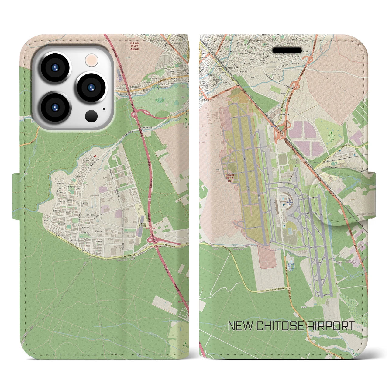 【新千歳空港】地図柄iPhoneケース（手帳両面タイプ・ナチュラル）iPhone 13 Pro 用