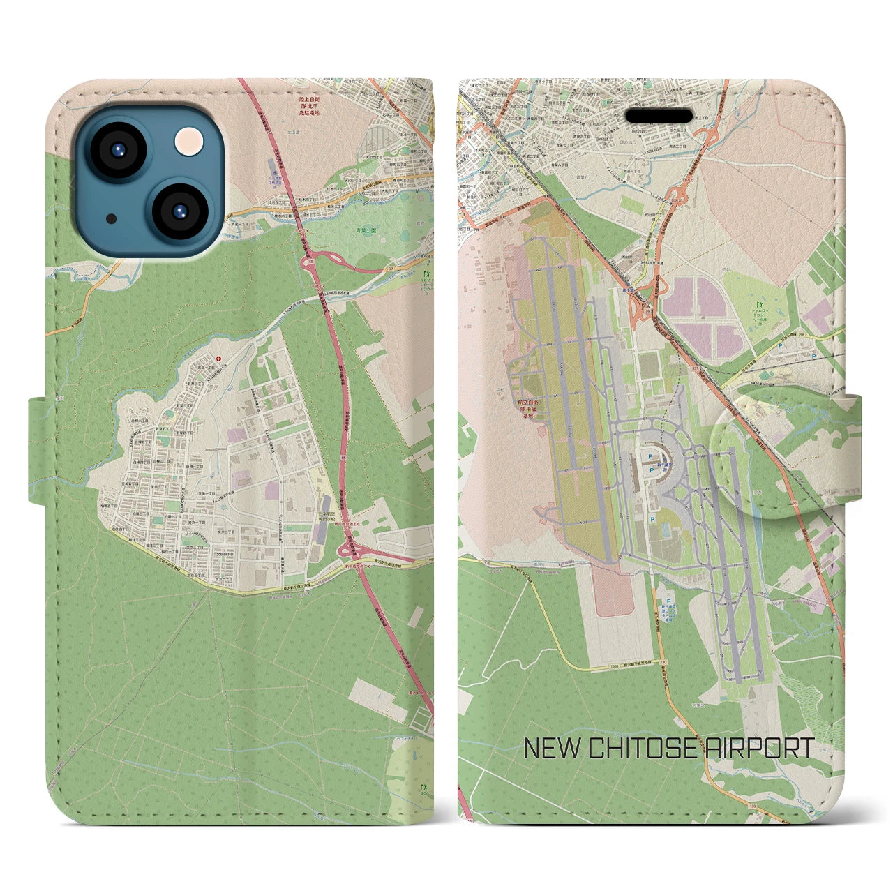 【新千歳空港】地図柄iPhoneケース（手帳両面タイプ・ナチュラル）iPhone 13 用