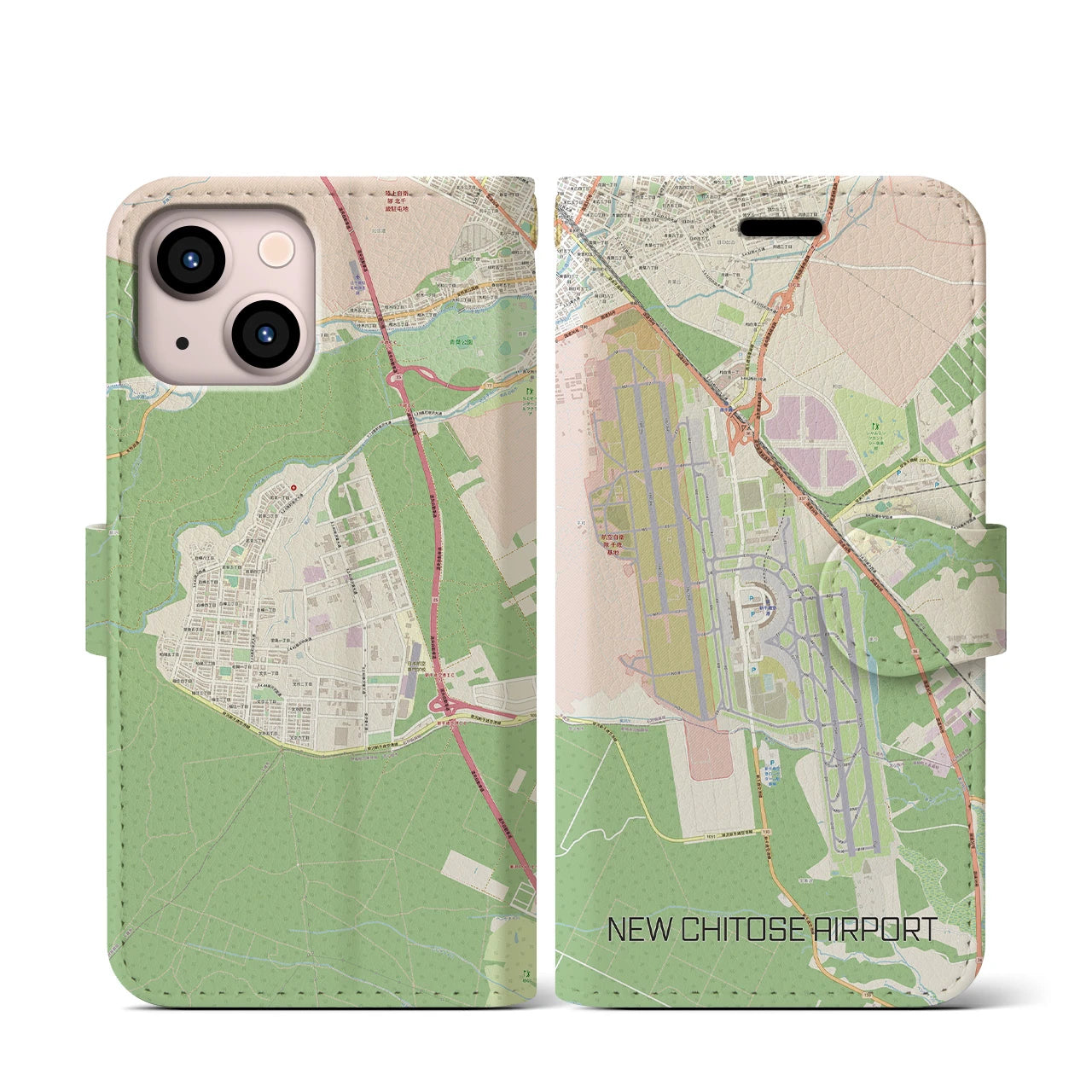 【新千歳空港】地図柄iPhoneケース（手帳両面タイプ・ナチュラル）iPhone 13 mini 用