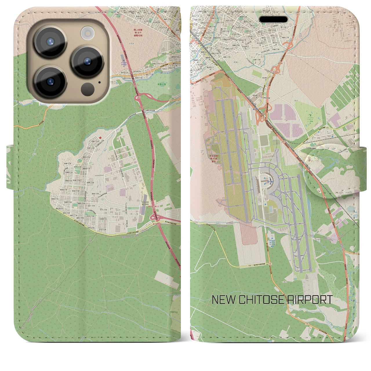【新千歳空港】地図柄iPhoneケース（手帳両面タイプ・ナチュラル）iPhone 14 Pro Max 用