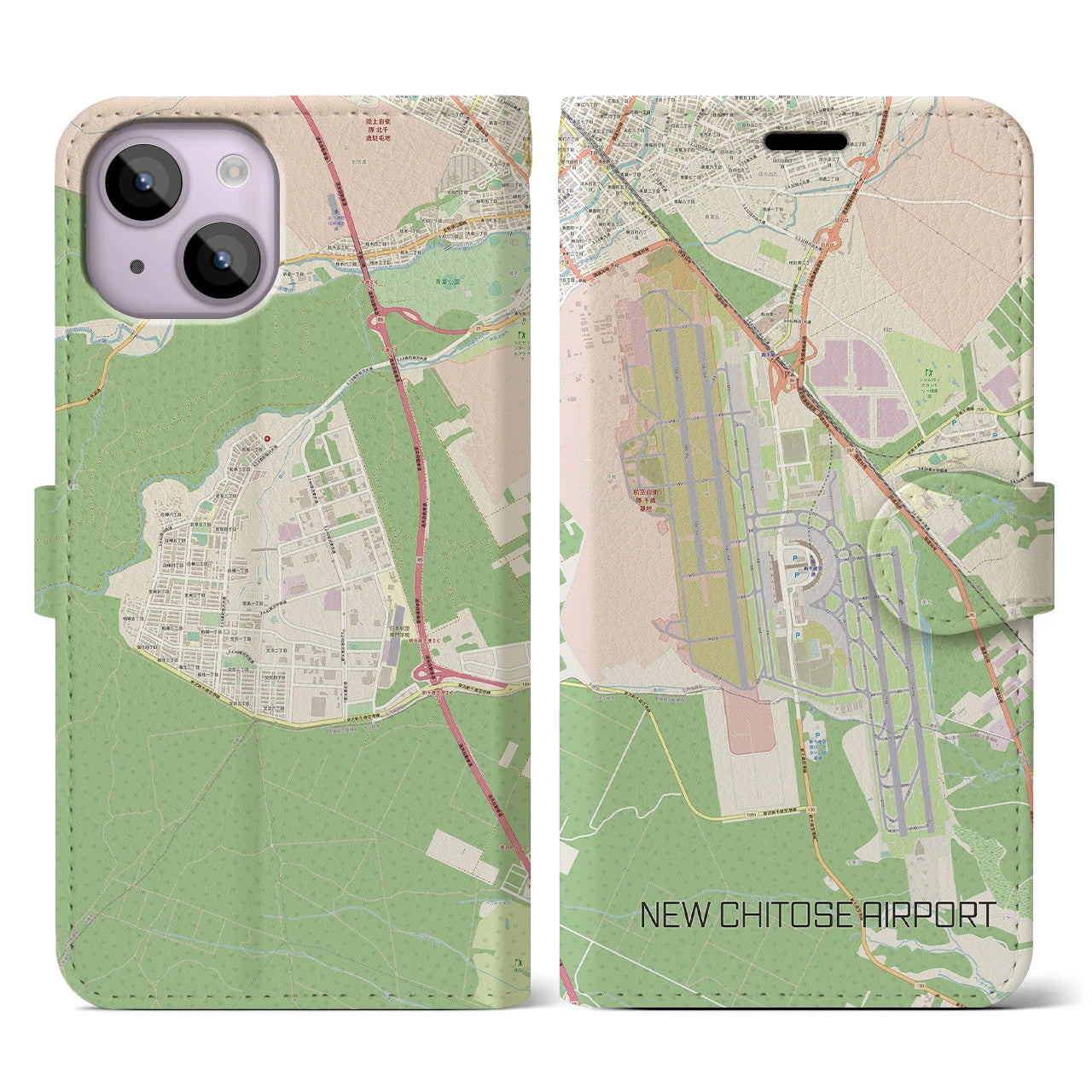 【新千歳空港】地図柄iPhoneケース（手帳両面タイプ・ナチュラル）iPhone 14 用