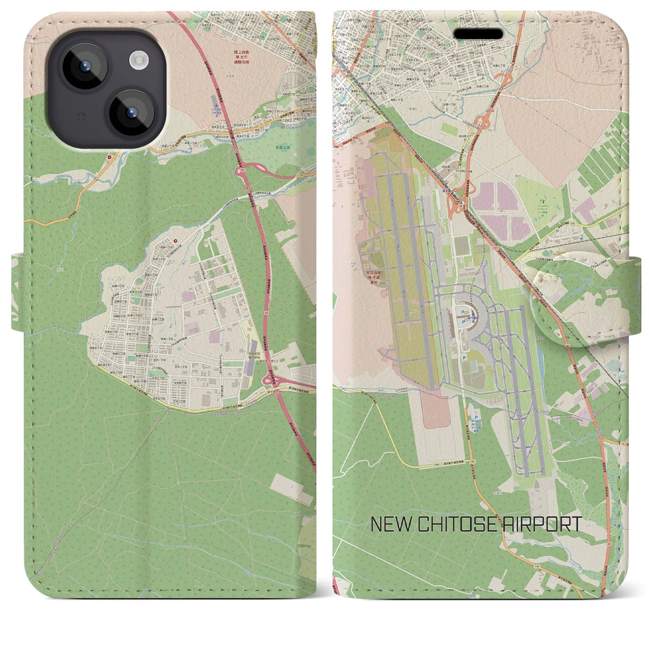 【新千歳空港】地図柄iPhoneケース（手帳両面タイプ・ナチュラル）iPhone 14 Plus 用
