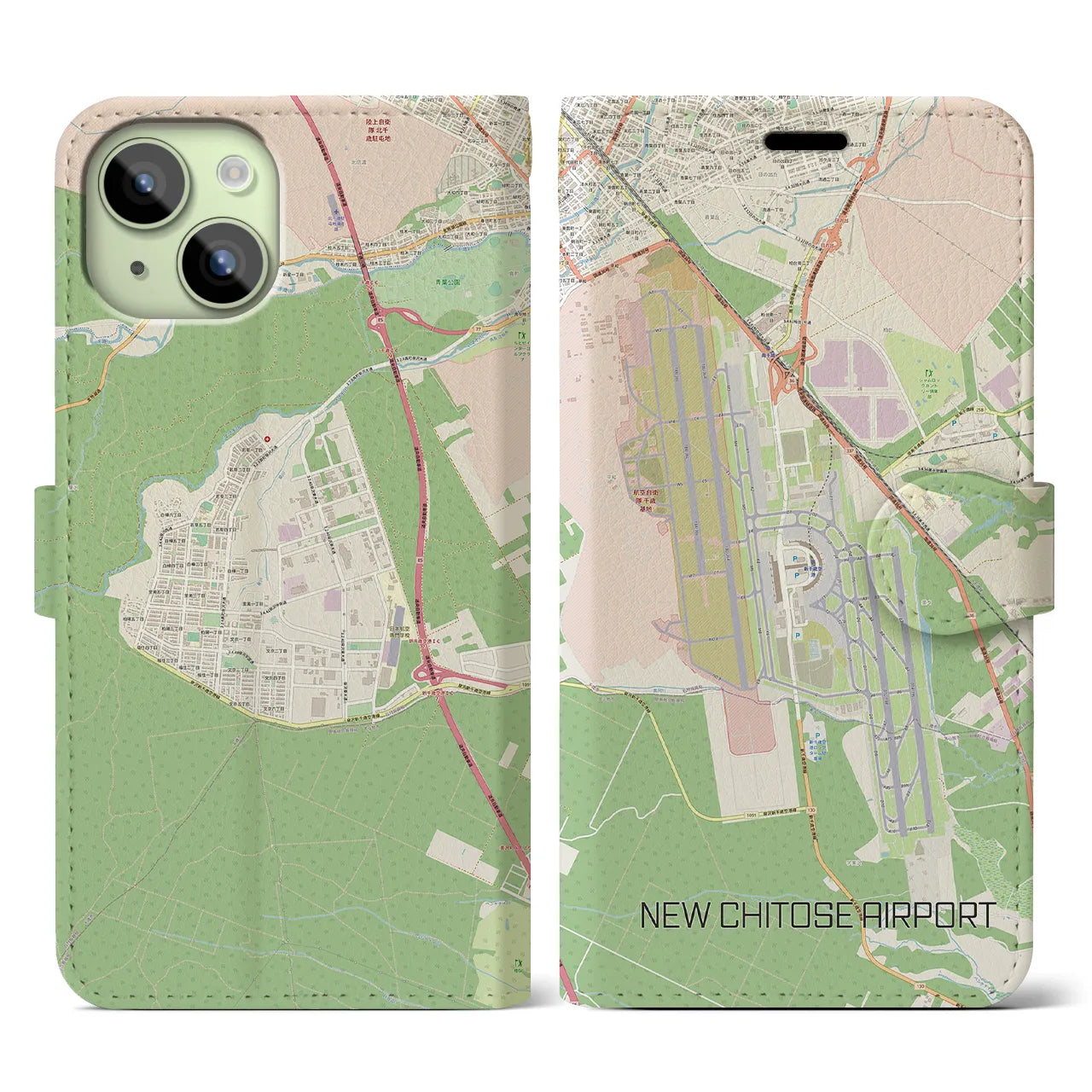 【新千歳空港】地図柄iPhoneケース（手帳両面タイプ・ナチュラル）iPhone 15 用