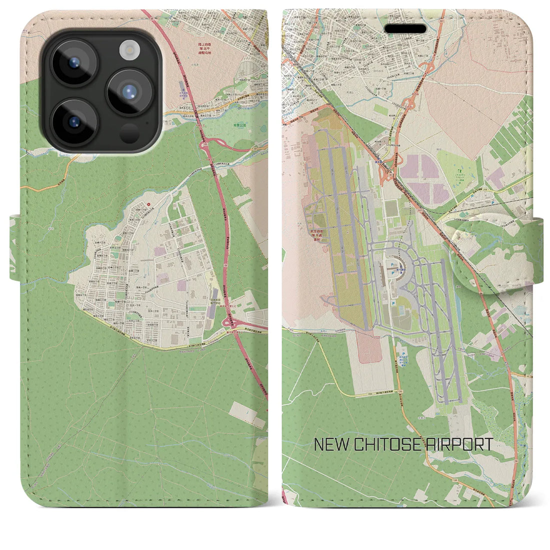 【新千歳空港】地図柄iPhoneケース（手帳両面タイプ・ナチュラル）iPhone 15 Pro Max 用