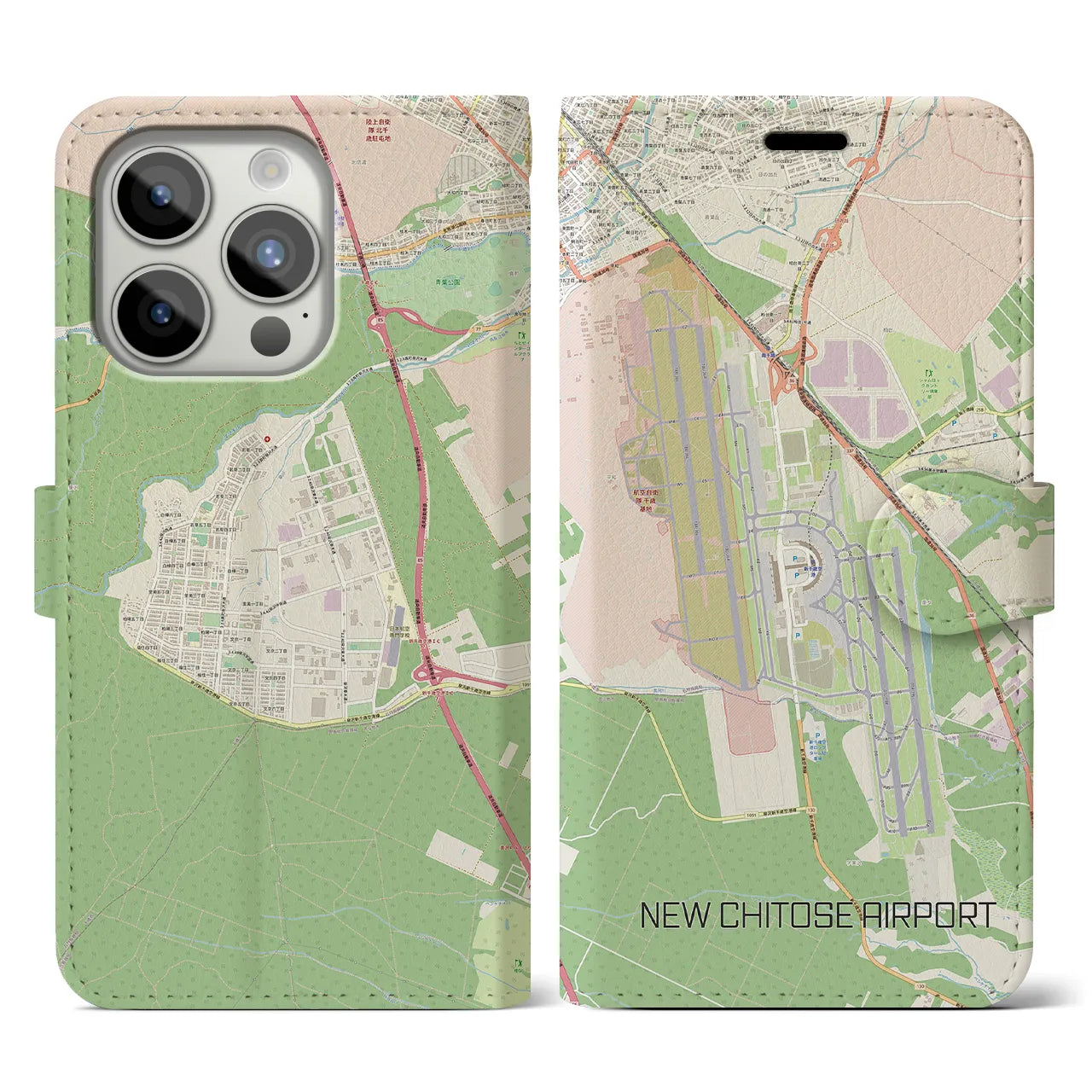 【新千歳空港】地図柄iPhoneケース（手帳両面タイプ・ナチュラル）iPhone 15 Pro 用