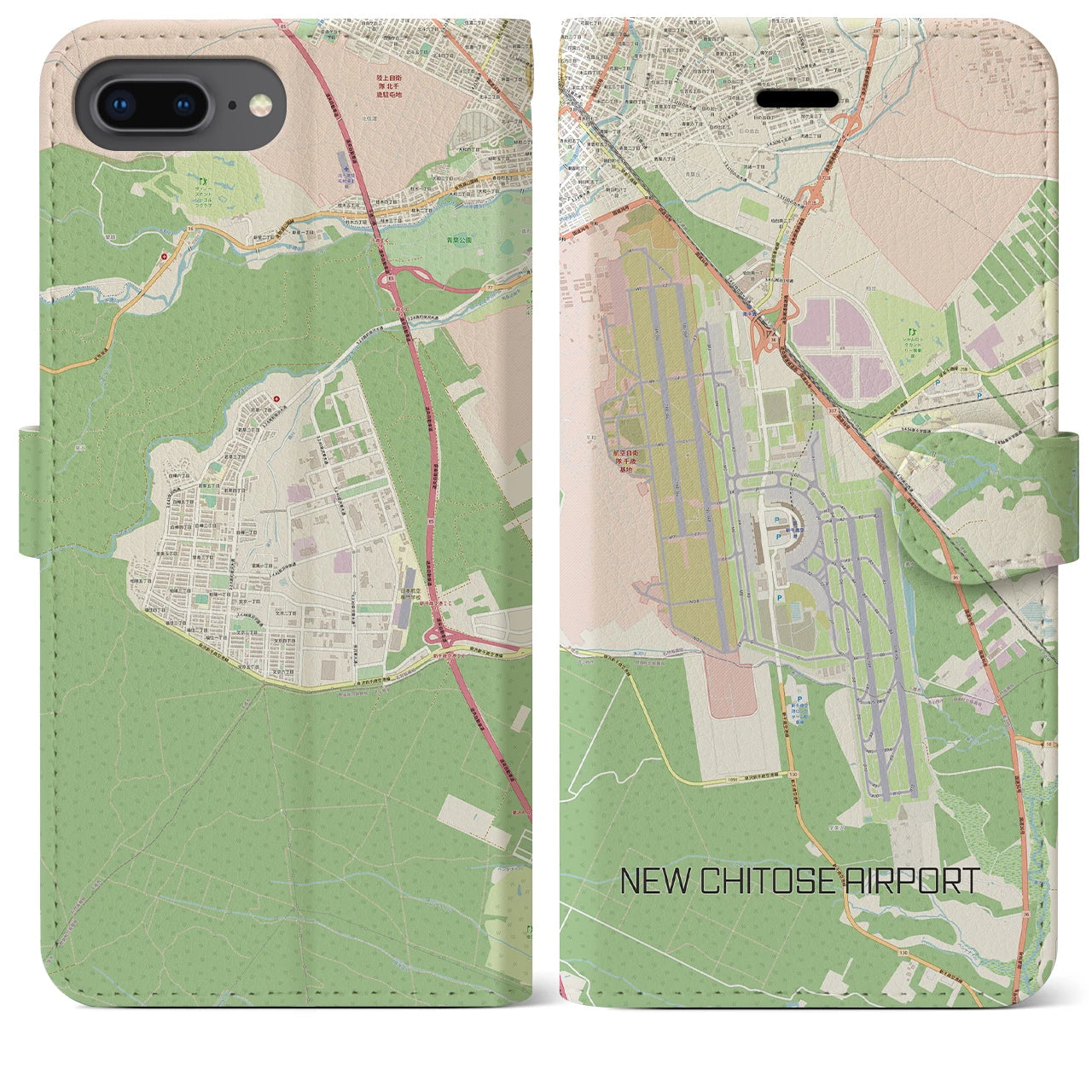【新千歳空港】地図柄iPhoneケース（手帳両面タイプ・ナチュラル）iPhone 8Plus /7Plus / 6sPlus / 6Plus 用