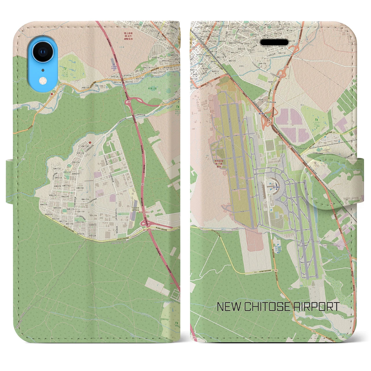 【新千歳空港】地図柄iPhoneケース（手帳両面タイプ・ナチュラル）iPhone XR 用