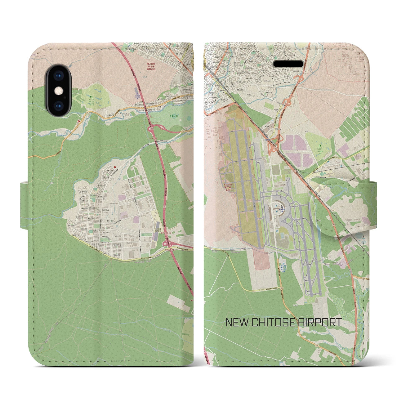 【新千歳空港】地図柄iPhoneケース（手帳両面タイプ・ナチュラル）iPhone XS / X 用