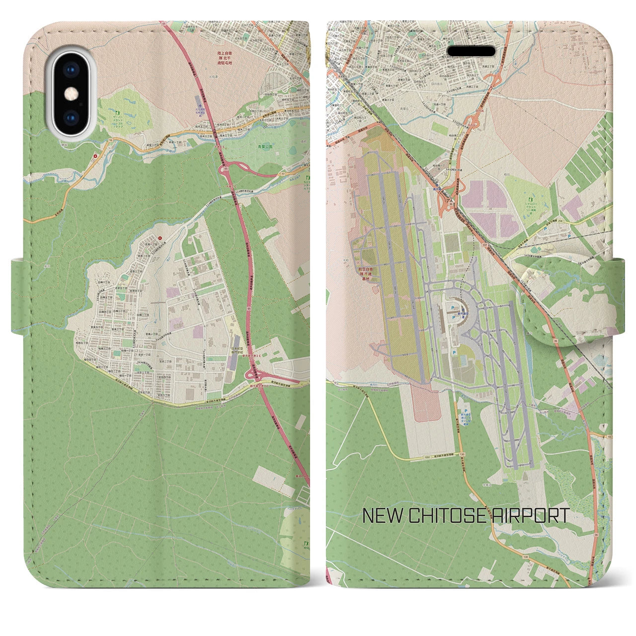 【新千歳空港】地図柄iPhoneケース（手帳両面タイプ・ナチュラル）iPhone XS Max 用