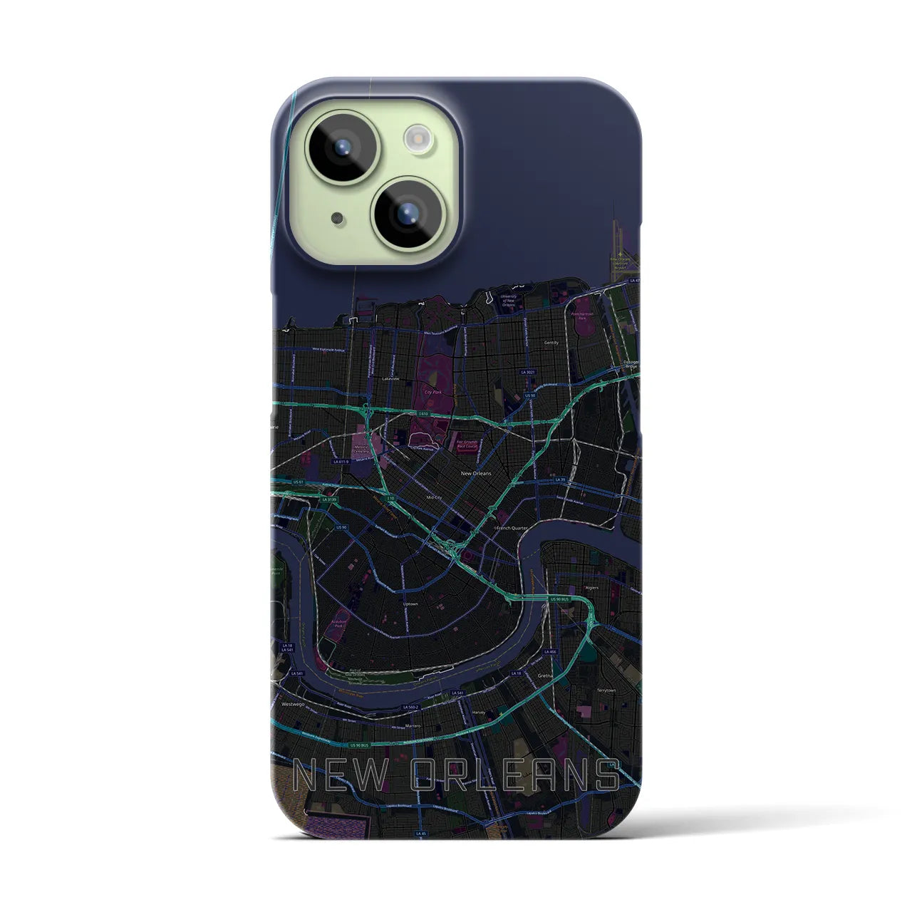 【ニューオーリンズ】地図柄iPhoneケース（バックカバータイプ・ブラック）iPhone 15 用