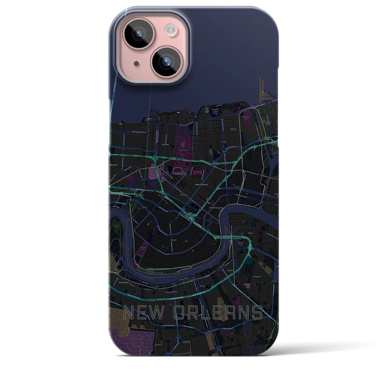 【ニューオーリンズ】地図柄iPhoneケース（バックカバータイプ・ブラック）iPhone 15 Plus 用