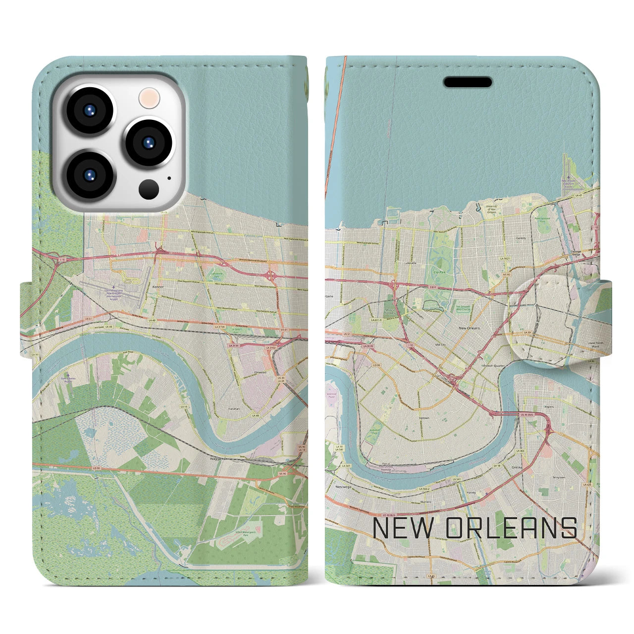 【ニューオーリンズ】地図柄iPhoneケース（手帳両面タイプ・ナチュラル）iPhone 13 Pro 用