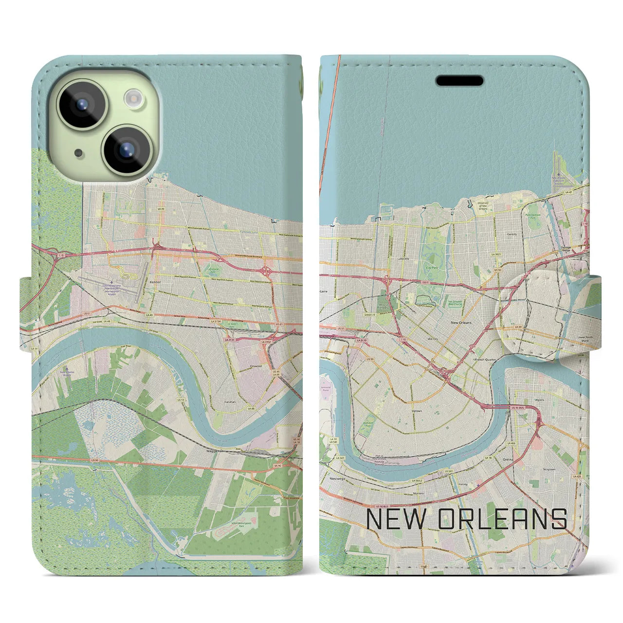 【ニューオーリンズ】地図柄iPhoneケース（手帳両面タイプ・ナチュラル）iPhone 15 用