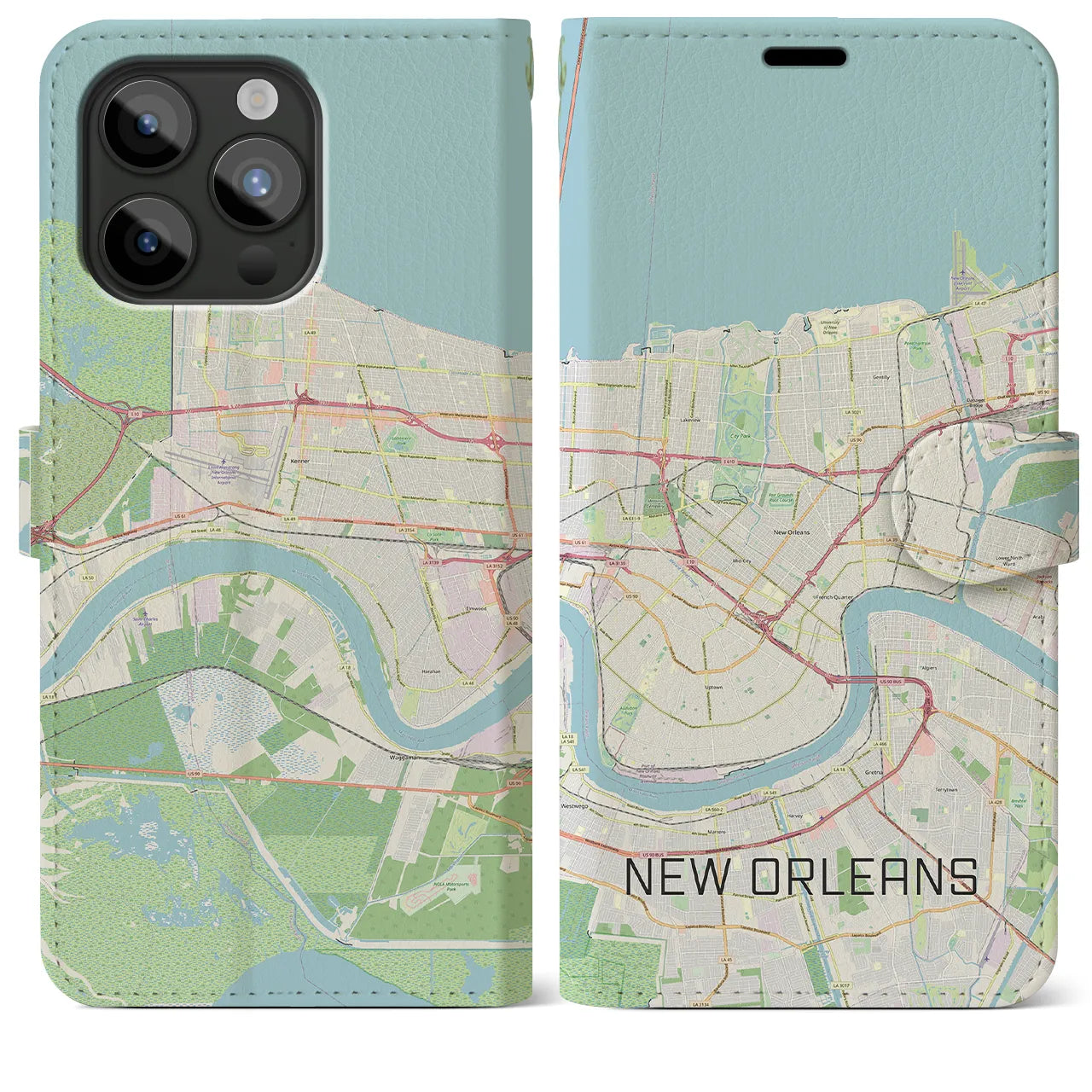 【ニューオーリンズ】地図柄iPhoneケース（手帳両面タイプ・ナチュラル）iPhone 15 Pro Max 用