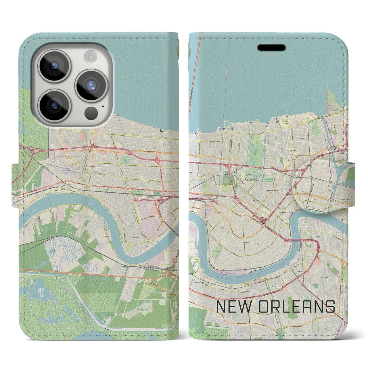 【ニューオーリンズ】地図柄iPhoneケース（手帳両面タイプ・ナチュラル）iPhone 15 Pro 用