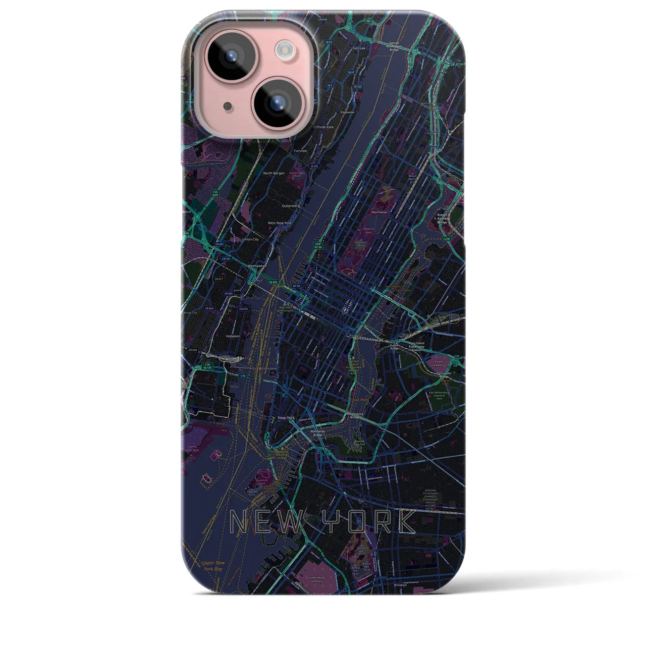 【ニューヨーク】地図柄iPhoneケース（バックカバータイプ・ブラック）iPhone 15 Plus 用