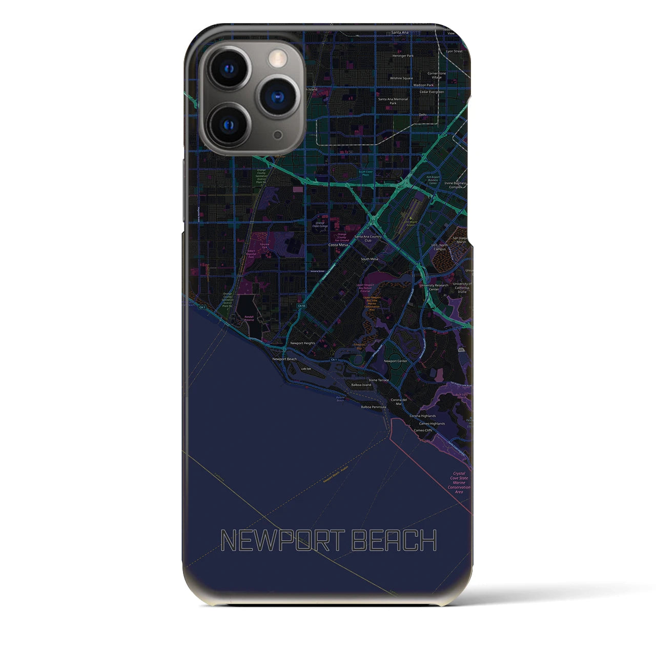 【ニューポートビーチ】地図柄iPhoneケース（バックカバータイプ・ブラック）iPhone 11 Pro Max 用
