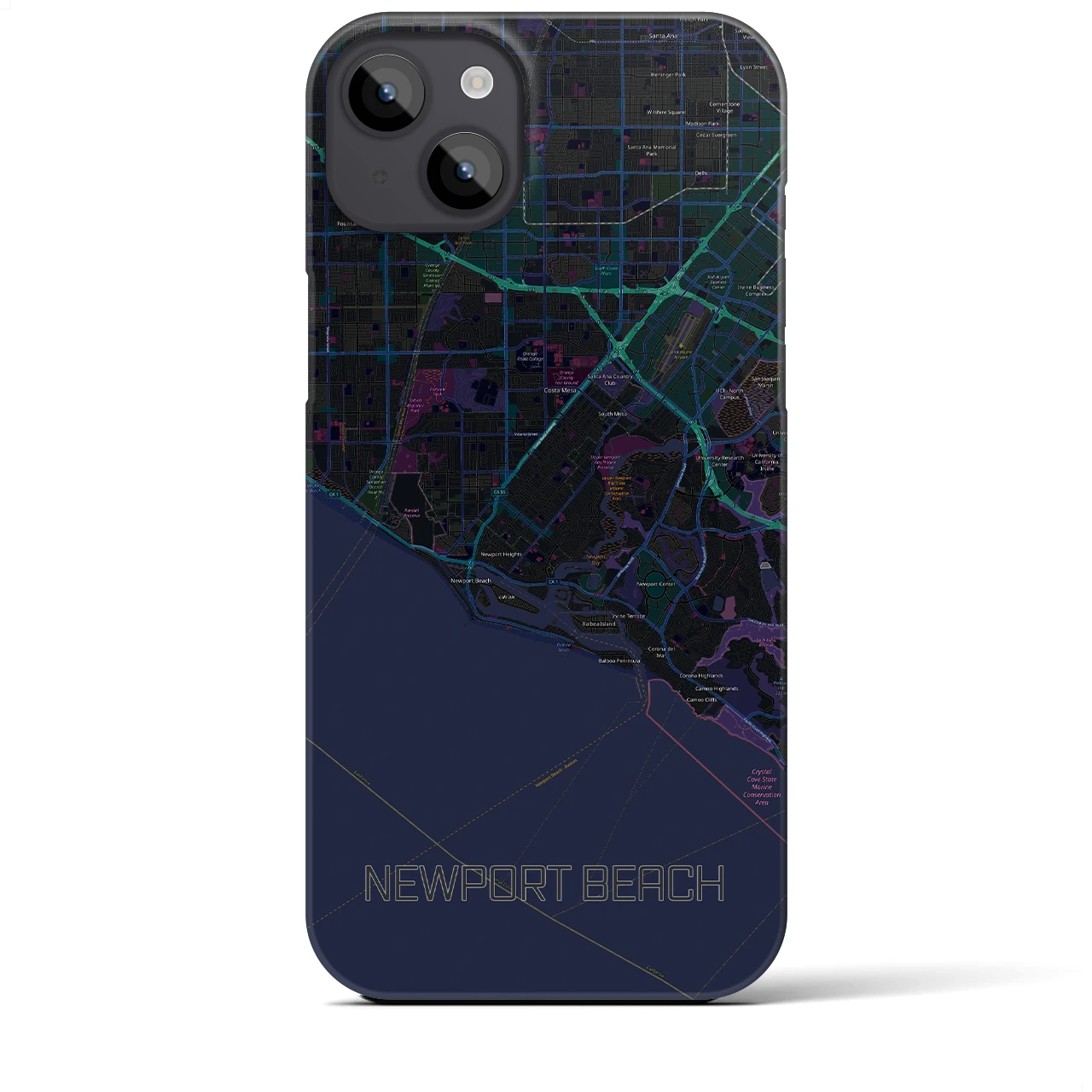 【ニューポートビーチ】地図柄iPhoneケース（バックカバータイプ・ブラック）iPhone 14 Plus 用