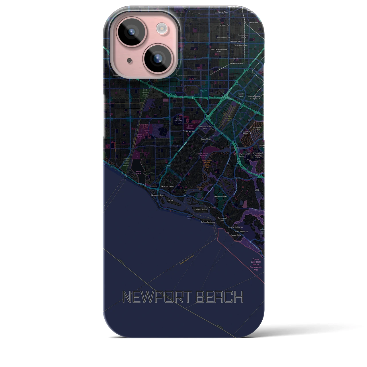 【ニューポートビーチ】地図柄iPhoneケース（バックカバータイプ・ブラック）iPhone 15 Plus 用