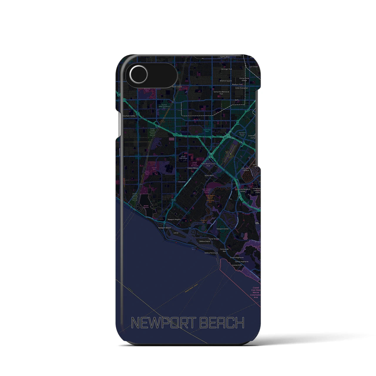 【ニューポートビーチ】地図柄iPhoneケース（バックカバータイプ・ブラック）iPhone SE（第3 / 第2世代） / 8 / 7 / 6s / 6 用