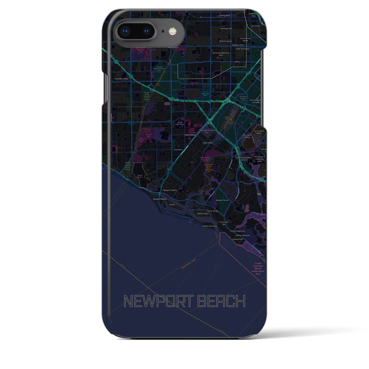 【ニューポートビーチ】地図柄iPhoneケース（バックカバータイプ・ブラック）iPhone 8Plus /7Plus / 6sPlus / 6Plus 用